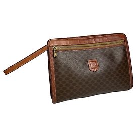 Céline Clutch de couro Vintage Celine Triomphe Monogram Marrom Marrom
