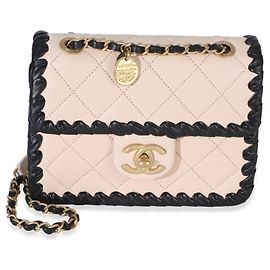 Mini bolsa de aba My Own Frame em couro de bezerro trançado preto e bege Chanel Bege