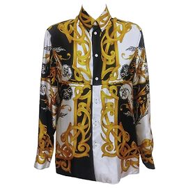 Camisa Versace de Twill de Seda Estampado Barroco - Negro, Blanco, Oro Multicolor