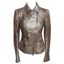 Pinko Metidrio Metallic Leather Jacket Brown Golden Bronze