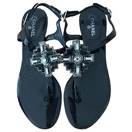 Chanel Black Patent Leather Embellished T-Strap Sandals Black