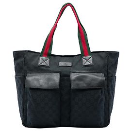 Gucci Black GG Canvas Web Double Pockets Tote Black