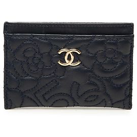Chanel Blue CC Embossed Lambskin Camellia Card Holder Blue Navy blue