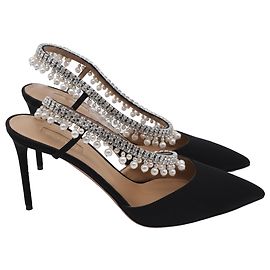 Aquazzura Embellished Slingback Pumps in Black Satin Black