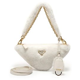 Bolsa de ombro 3-way em lã e shearling com Logotipo Triangle PRADA Branco