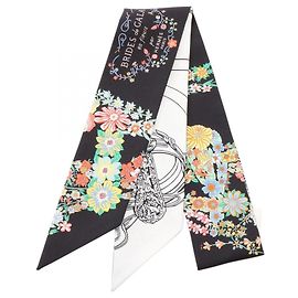 Hermès Hermes Twilly Brides de Gala en Fleurs Eyeliner Ribbon Scarf Nero Bianco Multicolore