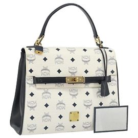 Bolsa MCM Vicetos Logogram PVC Couro Branco Ouro Auth 188231 Branco Dourado