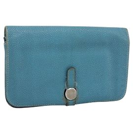 Hermès HERMES Dogon GM Wallet Leather Light Blue Silver Auth BA13622 Silvery Light blue