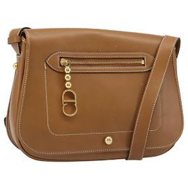 Bolsa de ombro Christian Dior em couro marrom dourado Auth hk3803 Marrom Dourado