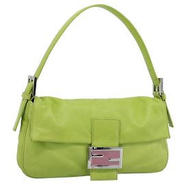 FENDI Mamma Baguette Shoulder Bag Leather Green Silver Auth 187930SAV Silvery Green