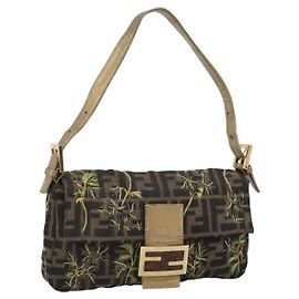 FENDI Zucca Canvas Mamma Baguette Shoulder Bag Black Gold Brown Auth 187451SM Marron Noir Doré