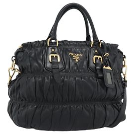PRADA Gathered Handtasche Leder 2way Schwarz Gold Auth 188842V Schwarz Golden
