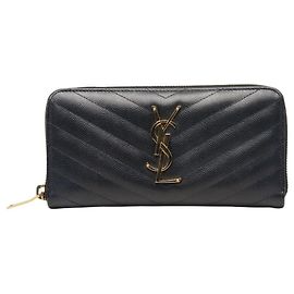 Saint Laurent Monogram YSL Logo Round Zip Long Wallet Black