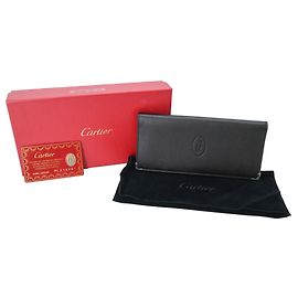 Cartier Must Line Leather Long Wallet Black Dark red