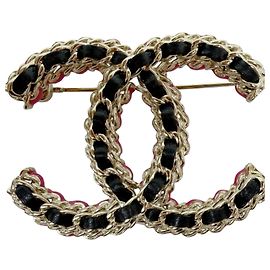 Spilla Chanel CC Nera Rosa Oro e Pelle Nero Rosa D'oro