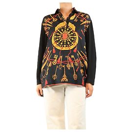 Hermès Top polo de seda estampado vintage negro - talla L Negro