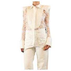 Balmain Camicetta in pizzo trasparente e tweed bianco - taglia UK 10 Bianco