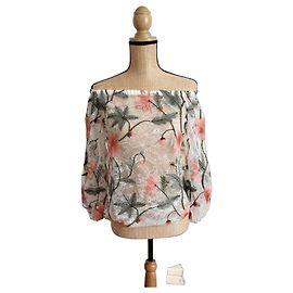 Anne Fontaine florale Spitzenbluse Off-Shoulder Pink Weiß Grün