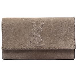 Saint Laurent Brown Large Stitched Suede Monogram Belle De Jour Clutch Brown