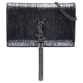 Saint Laurent Silver Metallic Suede Monogram Kate Tassel Wallet on Chain Silvery