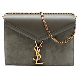 Sac Cassandra à fermoir monogramme en daim marron et cuir de veau Saint Laurent Marron Kaki