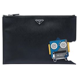 Prada Black Saffiano Robot Clutch Schwarz