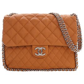 Chanel Maxi Quilted Washed Lambskin Marrom Chain Around Flap Marrom Camelo