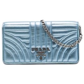 Prada Blue Metallic Soft Calf Impunture Diagramme Wallet on Chain Blue Light blue