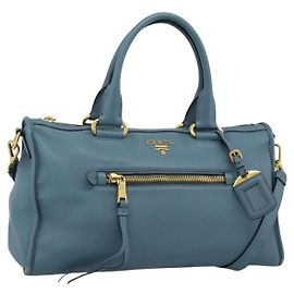 Prada Front Zip Convertible Satchel Vitello Phenix Medium Blue