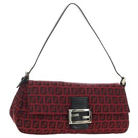 FENDI Zucchino Canvas Mamma Baguette Shoulder Bag Red Silver Auth 185835SAM Silvery Red