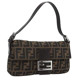 FENDI Zucca Canvas Mamma Baguette Shoulder Bag Black Brown Auth 189109V Marron Noir