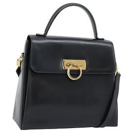 Bolsa Salvatore Ferragamo Gancini de Couro 2 formas Preta Dourada Auth 186374 Preto Dourado