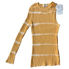 Pull Sandro jaune et blanc à rayures en maille côtelée Blanc Jaune