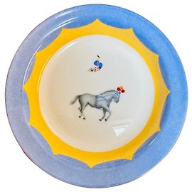 Hermès "Le clown acrobate" Fine Bone China Plate Pink White Red Blue Grey Yellow