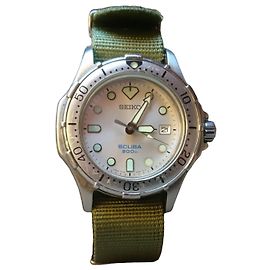 Relógio Seiko Scuba 7N35-6000 de Quartzo Branco Verde Hardware prateado