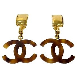 Chanel Coco Mark Tortoiseshell Pattern Earrings Brown Golden