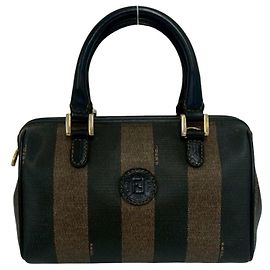 FENDI Pequin Stripe Pattern Leather Handbag Black Khaki