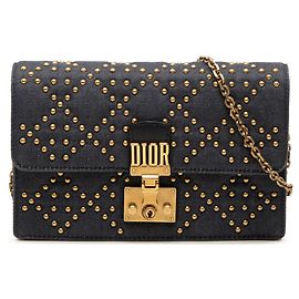 Portafoglio con catena DiorAddict in denim blu con cannage e borchie Dior Blu Blu navy