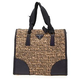 Prada Brown Vitello Trimmed Tweed Flat Handbag Brown Light brown