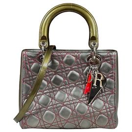 Christian Dior Lady Medium Cannage Schultertasche, Handtasche, Leder, Silber, Damen Rot