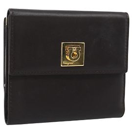 Cartera tríptico Salvatore Ferragamo Gancini de cuero marrón oro Auth BA13626V Castaño Dorado