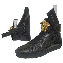 Versace Palazzo Croco Embossed Leather Medusa Sneaker Alte Nero D'oro