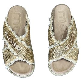 Miu Miu Mou Braided Straw and Leather Flat Sandals Beige Golden