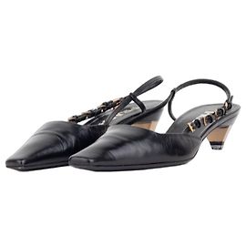 Prada 2000s Square Toe Multi-Buckle Slingback Kitten Heels Black