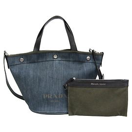 Prada 1BG244 Navy Denim and Leather Shoulder Tote Bag Navy blue