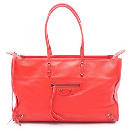 Balenciaga Red Leather Paper Office Zip Tote Bag Red