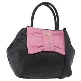 Bolsa PRADA de couro 2way Preta Dourada Auth ka4866 Preto Dourado