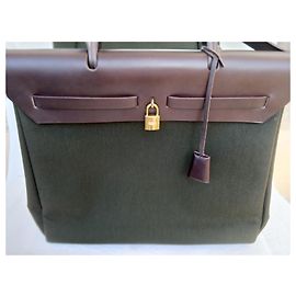 Bolsa Hermès Herbag de lona e couro marrom Marrom Verde