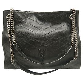 Saint Laurent Black Medium Crinkled Calfskin Monogram Niki Shopper Tote Black