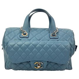 Bolsa Bowling Chanel Quilted Caviar Large Azul Ruthenium Azul